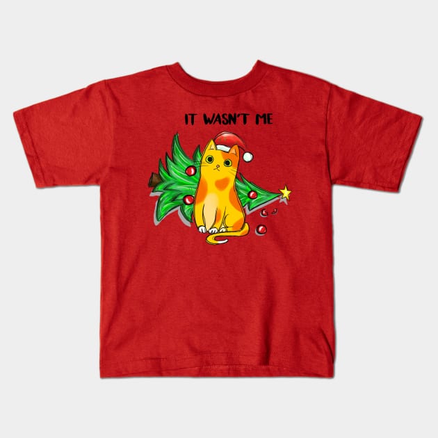 It Wasn't Me - Naughty Kitten Knocking Down The Christmas Tree Kids T-Shirt by Pop Cult Store